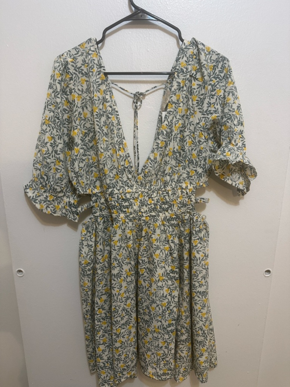Indigo Yellow and Green Floral V-Neck Smocked Dress